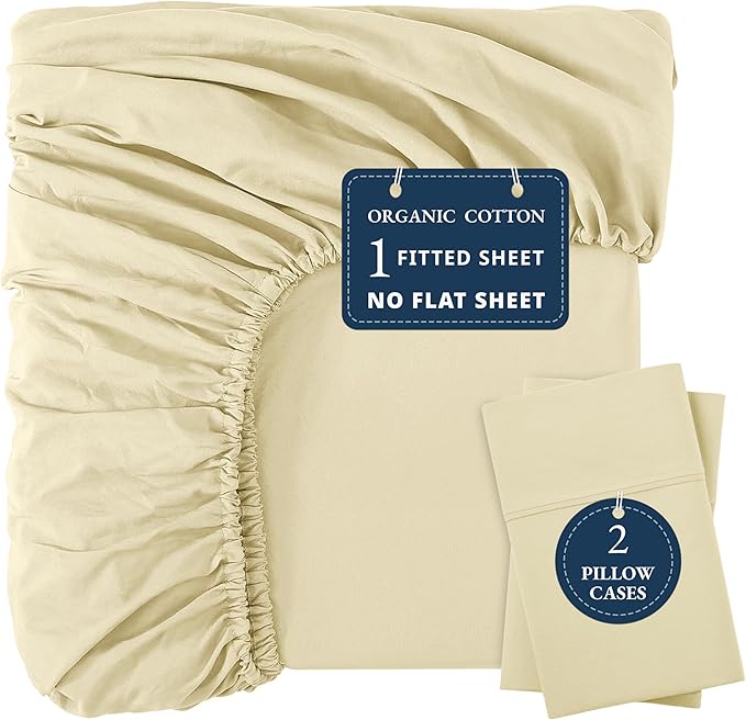 LANE LINEN Fitted Sheet King Size, 100% Organic Cotton, 3-Piece Set (1 Fitted Sheet,2 Pillowcases), Percale Weave, Ultra Soft, Breathable,Fits Mattress Upto 15" Deep - Vanilla (No Flat Sheet)