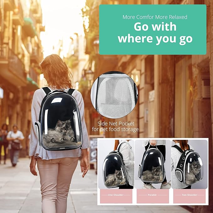 Cat Backpack Carrier with Collapsable Dog Bowl, Cat Collar & Interactive Cat Toy (4 Pcs Set)- Airline Approved Bubble Carrying Bag for Medium Dogs & Cats, Animal Carrier Backpacks, Pet Backpack |Black