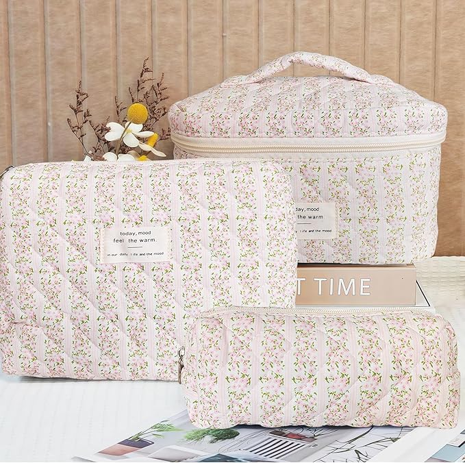 Cozomga Quilted Makeup Bag, Large Capacity Travel Cosmetic Bag for Women and Girls, Aesthetic Storage for Daily and Travel Use (3pcs-pinkleavesflowers)