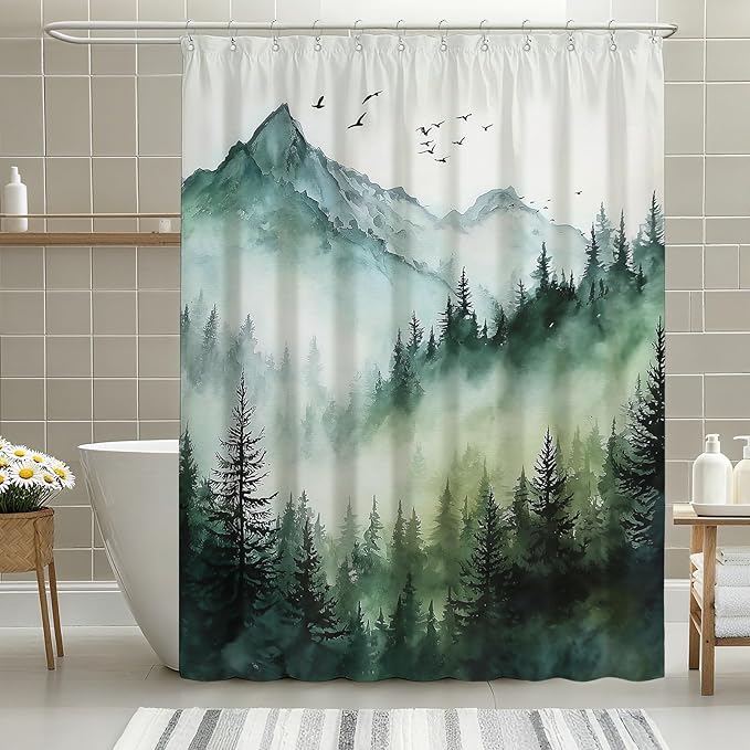 mutakin Mountain Tree Shower Curtain Watercolor Landscape Shower Curtains for Bathroom Waterproof Fabric Bath Curtain Decor with Hooks