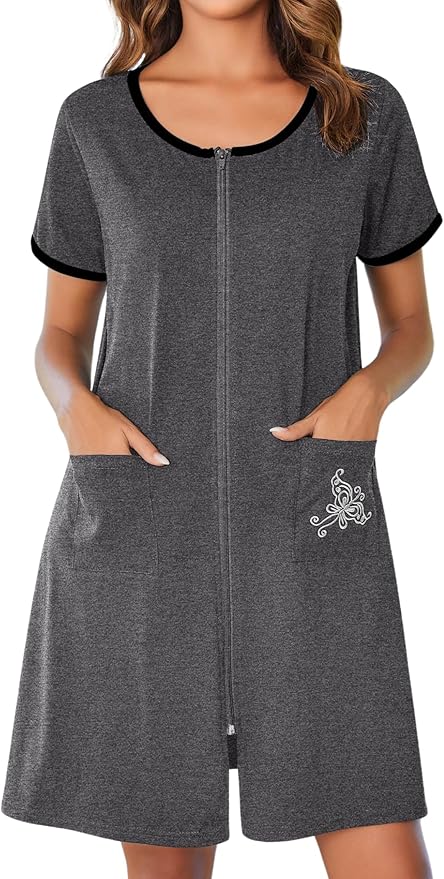 Ekouaer Zip Up Robes for Women Short Sleeves Zipper House Coat Short Bathrobes Lightweight Nightgown with Pockets S-3XL