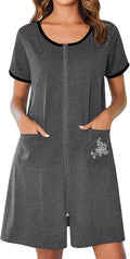 Ekouaer Zip Up Robes for Women Short Sleeves Zipper House Coat Short Bathrobes Lightweight Nightgown with Pockets S-3XL