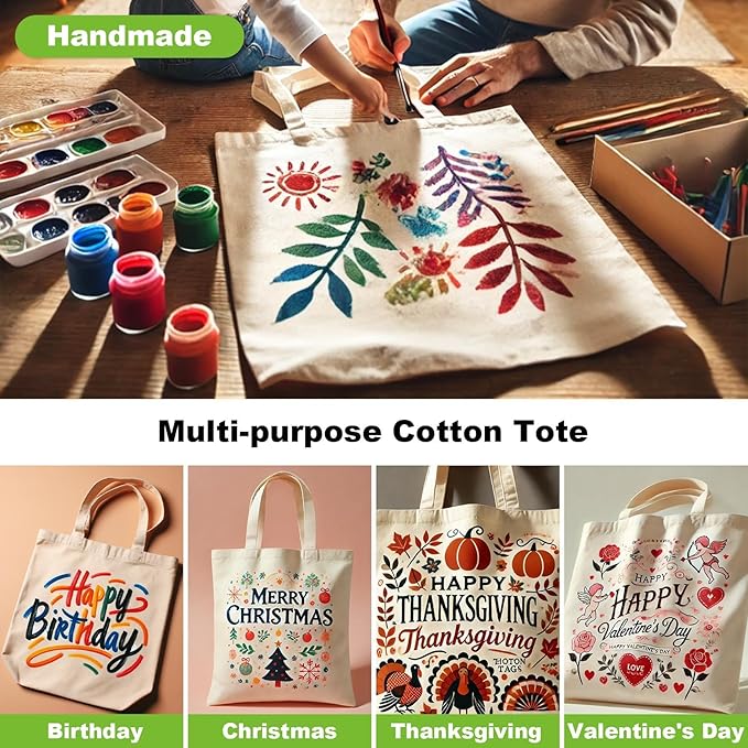 RAINFLOW Canvas Tote Bag - 4 PCS Cotton Canvas Reusable Grocery Shopping Blank Tote Bag with Handles for Crafts DIY, Gift, Advertising Promotion Activity