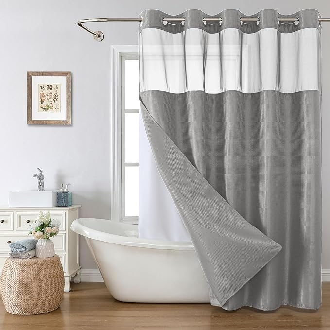 eachope Grey No Hook Shower Curtain with Snap-in Fabric Liner Set,Waffle Weave Shower Curtains for Bathroom,Hotel Luxury Decor Bathroom Curtain Set,Waterproof & Washable,71Wx77H