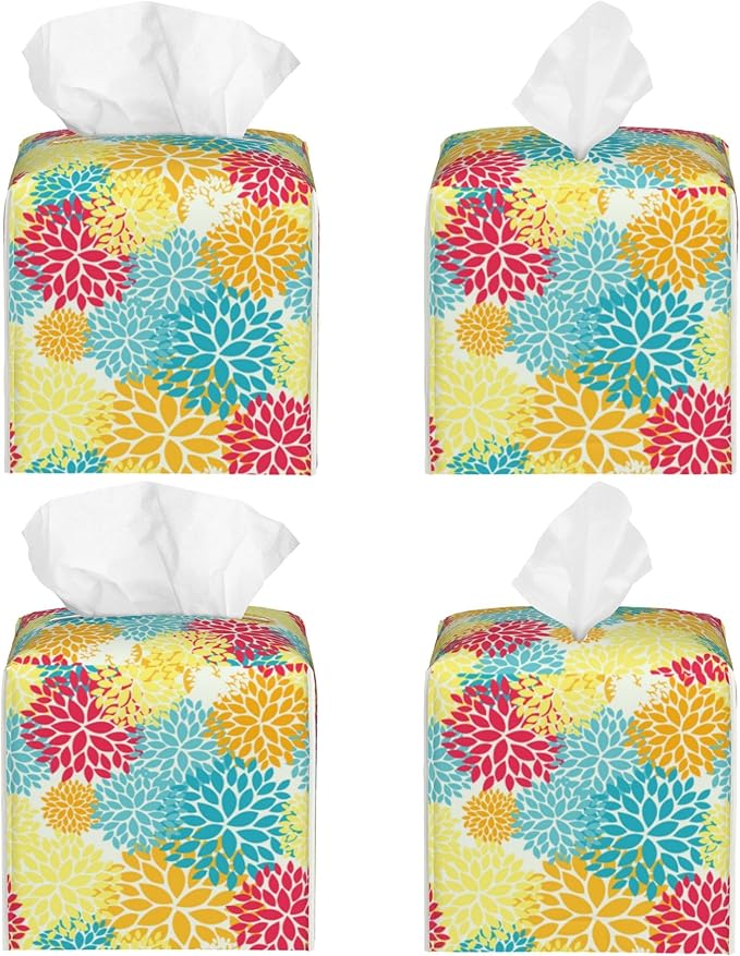 POIUBLE Chrysanthemum Flower Tissue Box Cover Leather Tissue Box Holder Square Facial Paper Organizer Dispenser for Bathroom Kitchen Bedroom Vanity Countertop Night Stands