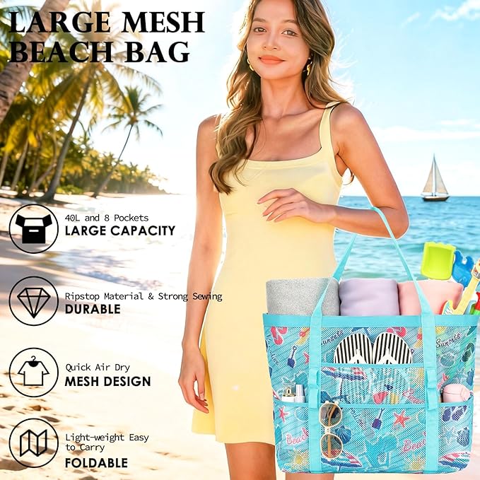 Fammart Mesh Beach Bag, Large Beach Tote with Zipper Pocket for Family Pool Bag for Toys & Vacation Essentials