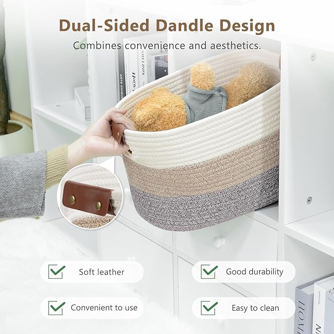 ECDYQXVU Cotton Rope Basket, Storage Baskets with Handle, 15x10x9 Inch Woven Basket for Shelves, Laundry, Towels, Clothes, Books, (Gradient Brown 2 Pack)