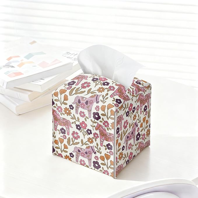 Pink Tissue Box Holder, Pink Floral Dala Horse Leather Tissue Box Cover Square, Paper Napkins Everyday Dispenser for Bathroom Vanity Countertop Night Stands Kitchen Office Home Decor