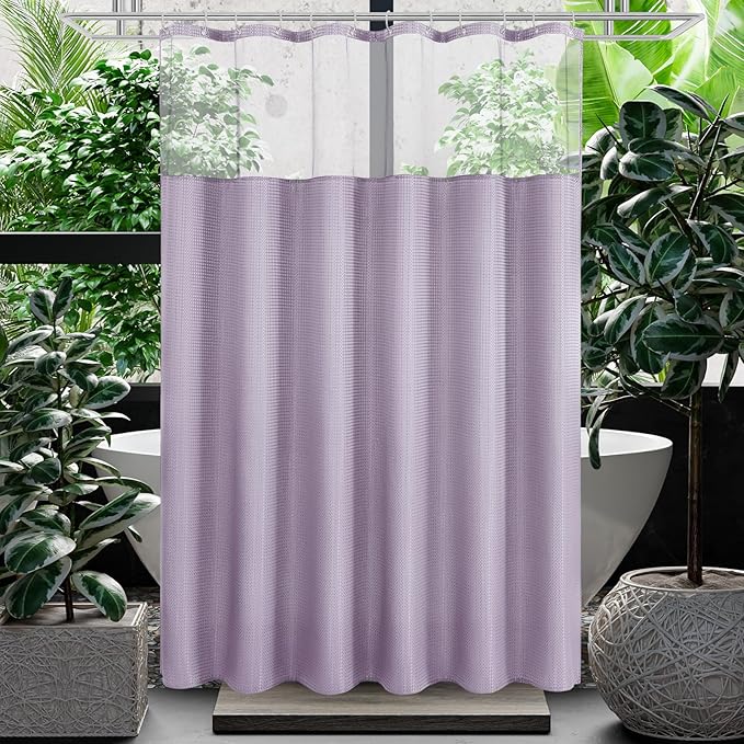 Gibelle Waffle Weave Shower Curtain with Mesh Top Window and Hooks Set, Spa Like Hotel Style Fabric Shower Curtain for Bathroom, Lavender, 72x72