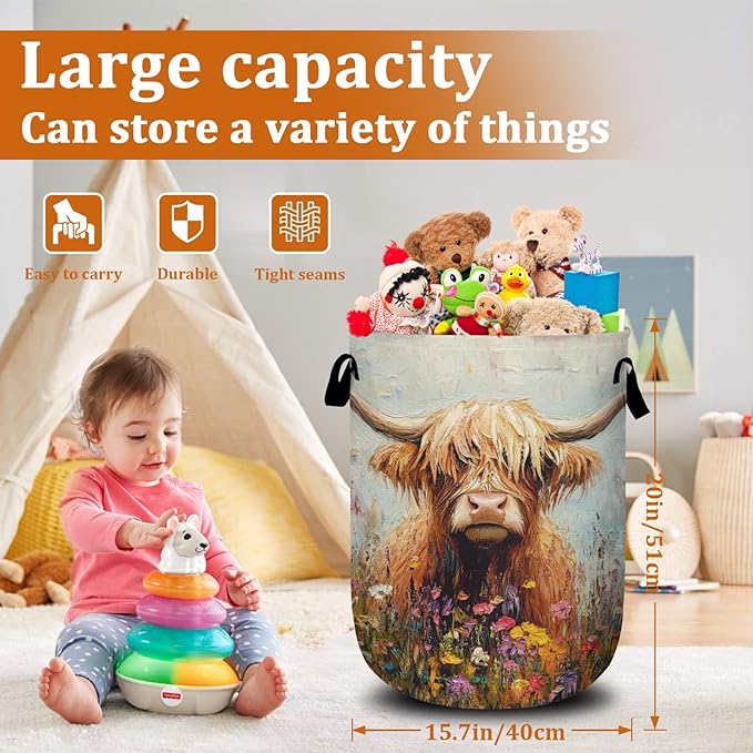 Watercolor Highland Cow Flower Laundry Basket with Sturdy Handles, Collapsible Oxford Cloth Laundry Hamper Organizer Basket for Bathroom Bedroom 15.7x20 Inch