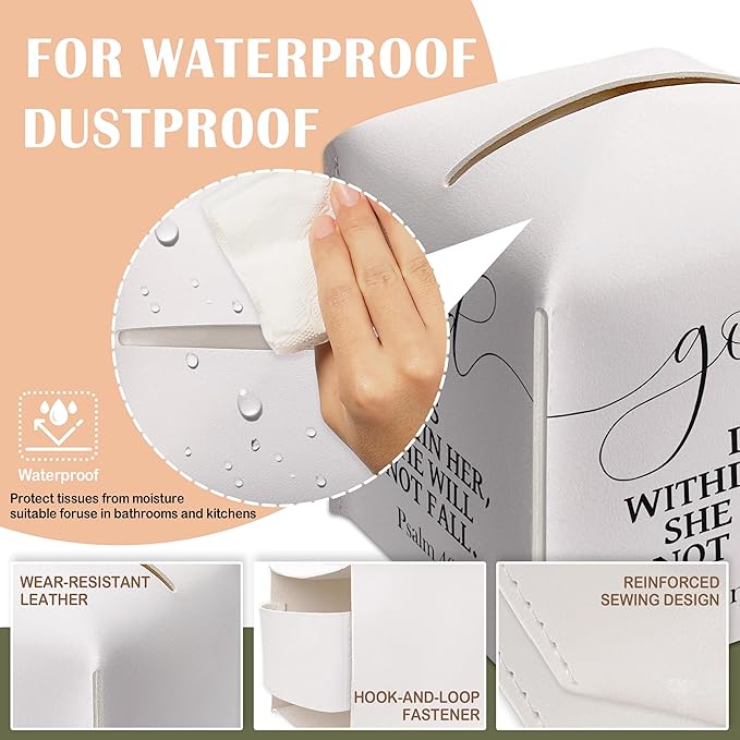 Christian Decorative Tissue Box Cover Holder, Tissue Box Cover Square with Belt Bottom, Bible Verse Gift Ideas for Friends, God is Within Her Decor for Bathroom Office-(5.2 Inches)
