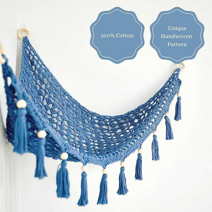 Sasa Baby and Toddler Macrame Toy Hammock for Stuffed Animals - Toy Hammock Net for Stuffed Animals Corner, Blue Nursery Decor, Plush Hammock, Hanging Stuffed Animal Organizer, Deep Sea Blue