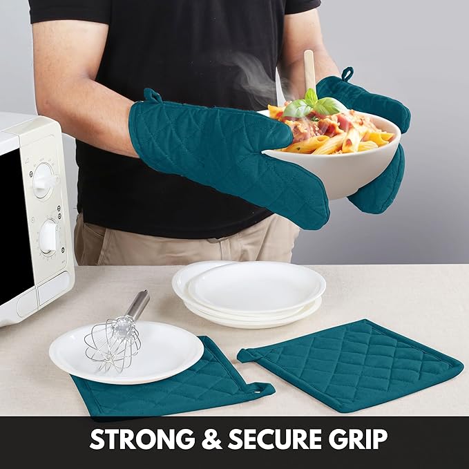 Oven Mitt & Pot Holder 100% Cotton Heat Resistant Kitchen Oven Mitt (7"x13") & Pot Holder (8"x8") for Gifts, Chef, Restaurants - Teal