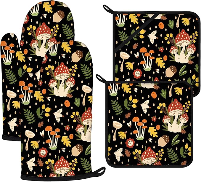 Mushroom Oven Mitts and Pot Holders Sets 4Pcs,Extra Long Oven Gloves Potholder for Kitchen Cooking Baking BBQ 100% Cotton Heat Resistant
