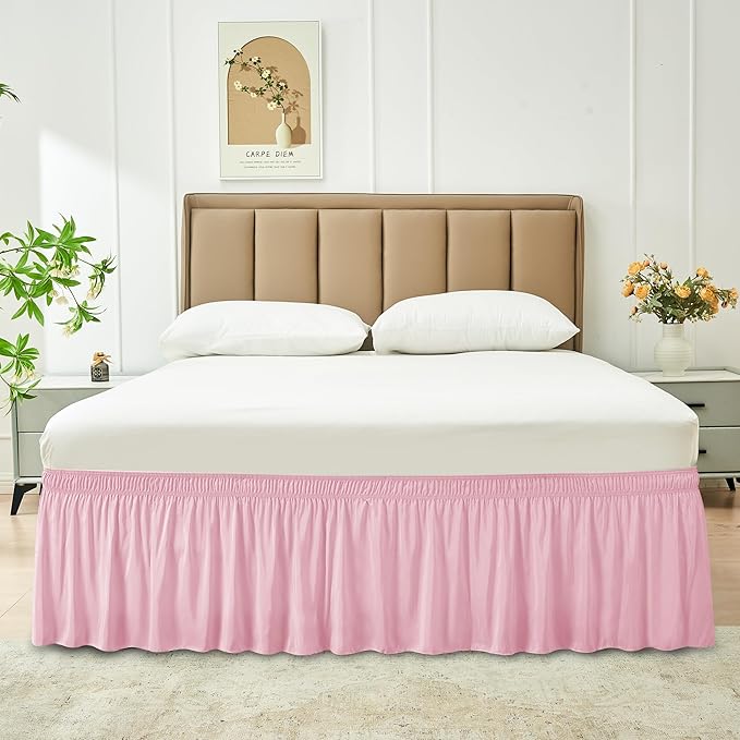 Biscaynebay Wrap Around Bed Skirts for Twin & Twin XL Beds 15" Drop, Pink Adjustable Elastic Dust Ruffles Easy Fit Wrinkle & Fade Resistant Silky Luxurious Fabric Machine Washable