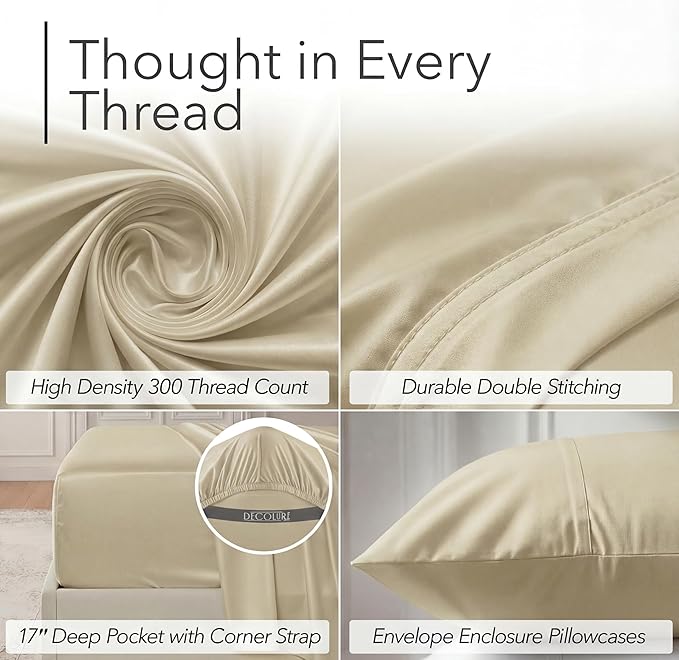 DECOLURE 100% Viscose Derived from Bamboo Sheets Twin Size - Luxury 4 Pc Naturally Cooling Sheets, Ultra Soft Bed Set - Deep 17" Pockets, Durable Double Stitching, Oeko Tex Standard (Creme)