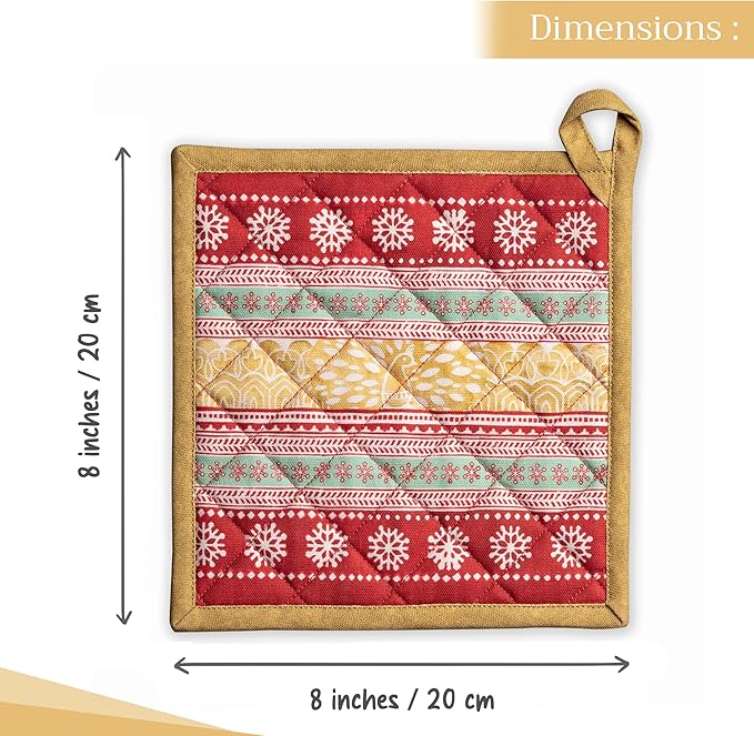 Maison d' Hermine Pot Holders Set 100% Cotton Heat Resistant Potholders 8" x 8" Hot Pads with Loop for Thanksgiving Christmas Decorations BBQ Cooking Baking Handling Hot Pans (Pack of 2, Sofia)