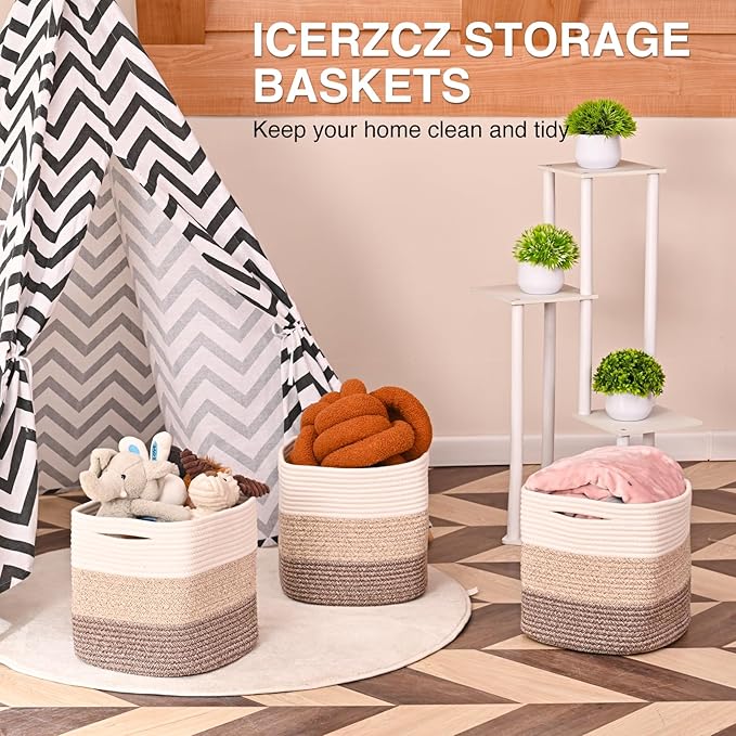 ICERZCZ 11 Inch Cube Storage Bins, Storage Cube Organizer Bins, Woven Cotton Rope Baskets for Storage, Storage Basket for Organizing Shelves, Square Baskets for Toys, Gradient Brown (Pack of 3)