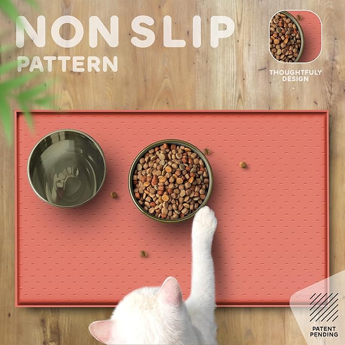 PetHappily Dog Food Mat - Raised Edges Dogs Mat for Food and Water Prevent Spill, Waterproof Cat Food Mats Protect Floors, Easy Clean Dog Bowl Mats for Food and Water, Silicone Pet Food Tray