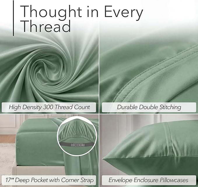 DECOLURE 100% Viscose Derived from Bamboo Sheets California King Size - Luxury 6 Pc Naturally Cooling Sheets, Ultra Soft Bed Set - Deep 17" Pockets, Double Stitching, Oeko Tex Standard (Sage Green)