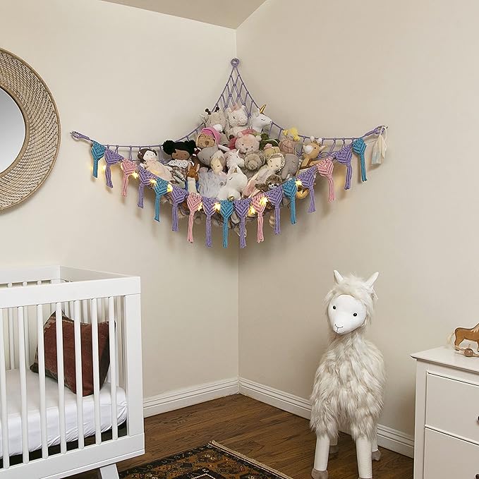 Abby Baby Extra Large Stuffed Animal Storage Hammock Corner with LED Lights – 25LB Capacity Hanging Toy Net for Small or Large Plushies, Boho Macrame Squishmallow, Plush Net, Purple