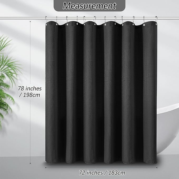 PANGSINNE Shower Curtain Black Waffle Textured, 256GSM Heavy Duty Weighted Fabric Shower Curtains, Hotel Quality Luxury Polyester Water Repellent Bathroom Curtain with 12 Hooks, 72Wx78H