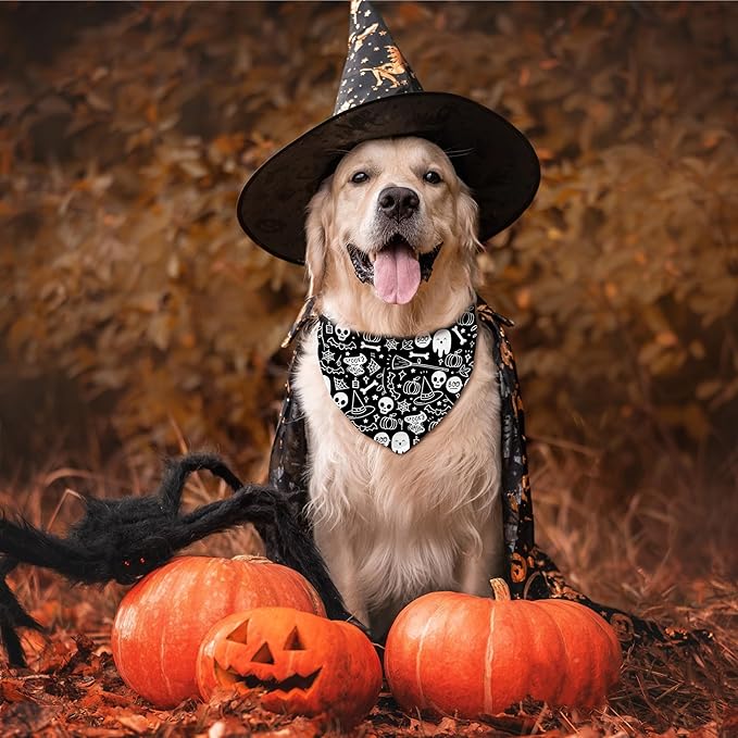 Halloween Dog Bandanas Reversible 2 Pack, Cute Pumpkin Ghost Bat Halloween Pet Bandanas for Dogs Set Adjustable Triangle Holiday Scarves for Medium Large Extra Large Boy Girl Dogs