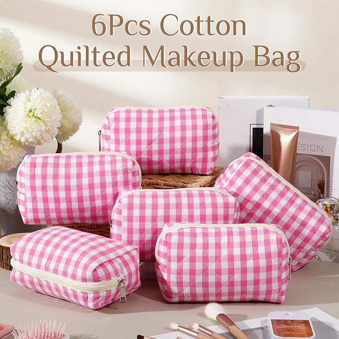 Paterr 6 Pcs Quilted Makeup Bag Bulk for Women Girls Birthday Valentine's Day Bridesmaid Gifts Cute Cotton Cosmetic Pouch Bow Floral Coquette Aesthetic Travel Toiletry Bag(Plaid,Pink)