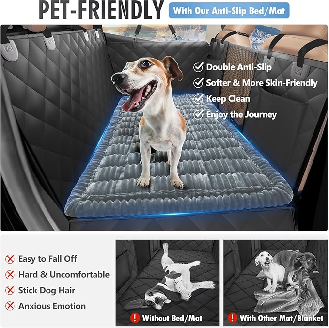 ROUWINNE Backseat Dog Bed Non-Slip, Dog Bed for Car Back Seat Soft and Comfortable, Back Seat Pet Bed Mat for Travel, Pet Car Blanket for Backseat Extender and Seat Covers 51”X 23.5”Light Grey