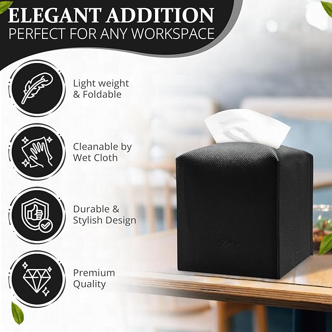 Tissue Box Cover, PU Leather Tissue Box Holder with Bottom Belt, Modern Square Tissue Box Covers with Wide Opening (Black, Woven Patterns)