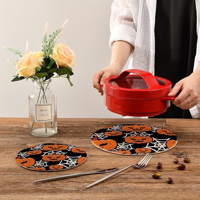 Boccsty Halloween Spider Web Pumpkins Trivet Mat 2PCS Trick Or Treat Round Woven Potholders Kitchen Table Countertop Protector Hot Pads Farmhouse Coasters Counter Mats for Cooking Baking