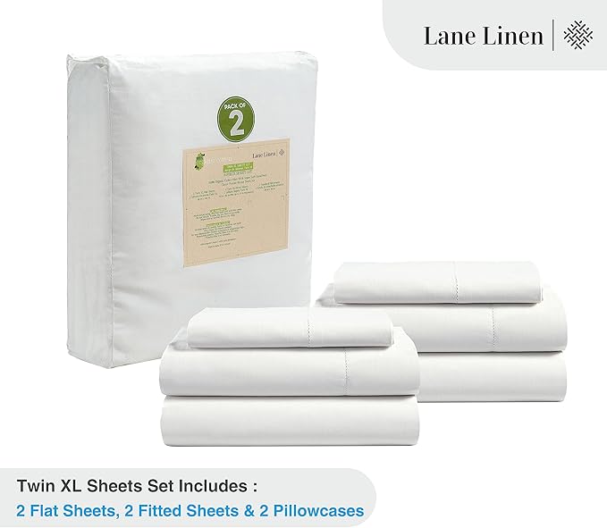 LANE LINEN 100% Organic Cotton White Twin XL Sheets Set, 3-Piece Pure Organic Cotton Percale Sheet, Extra Long Twin Sheets, Ultra Soft Bedding Sheet, Fits Mattress Upto 15" Deep - White (2Pack)