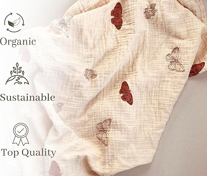 Leyl&Ari Muslin Baby Swaddle Blanket | 100% Organic Receiving Wrap (Boho Butterflies)