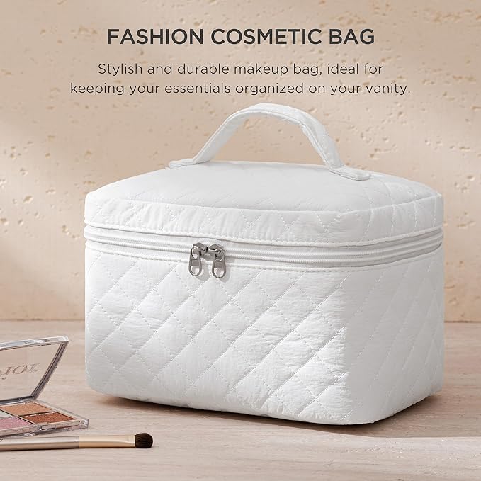 HBselect Christmas Gifts Large Quilted Makeup Bag, Cute Cotton Travel Makeup Bag with Handle, Portable Coquette Floral Make up Bags, Toiletry Organizer Make up Bags for Women Teen Girls Mom