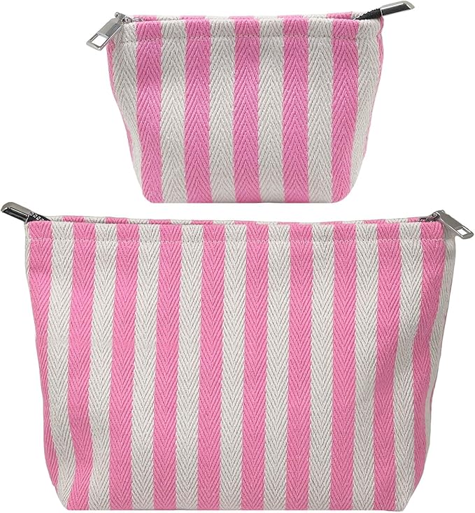 2 Pcs Makeup Bag Set, Women Gifts, Travel Cosmetic Bags, Canvas Make up Bag for Purse, Pink Striped Makeup Pouch with Zipper Lining, Cosmetic Storage Car Organizer, Portable Large & Small Toiletry