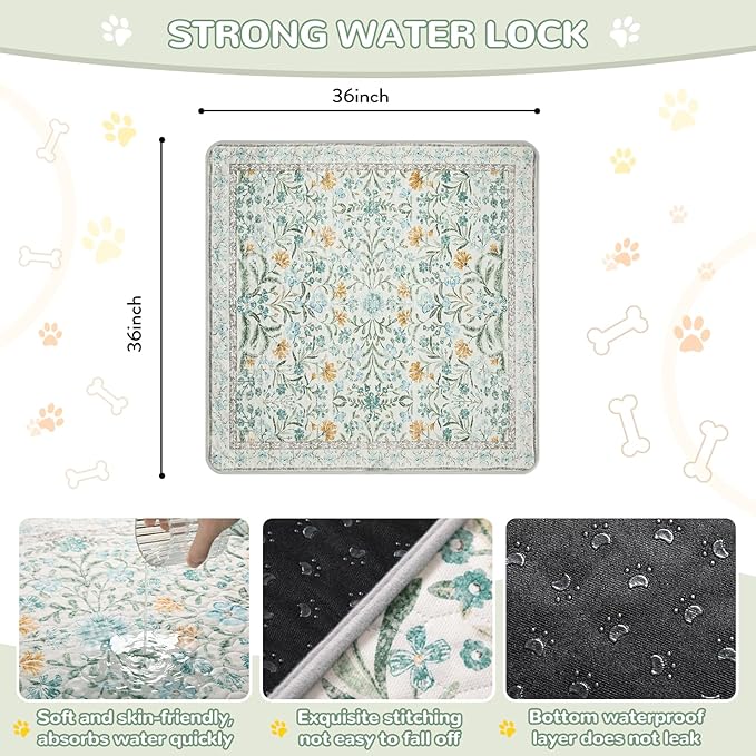 Lahome Washable Reusable Pee Pads for Dogs - Beige Botanical Floral 2 Pack Puppy Pads, Super Absorbent & Waterproof Training Mats for Crate & Floor - Leakproof with Non-Slip Backing (36"x36")