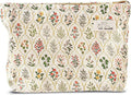 HAPPYHEIDI Large Floral Cotton Makeup Bag Cosmetic Travel Pouch, Make Up Purse Organizer, Canvas Lined Cute Grid Flower Show