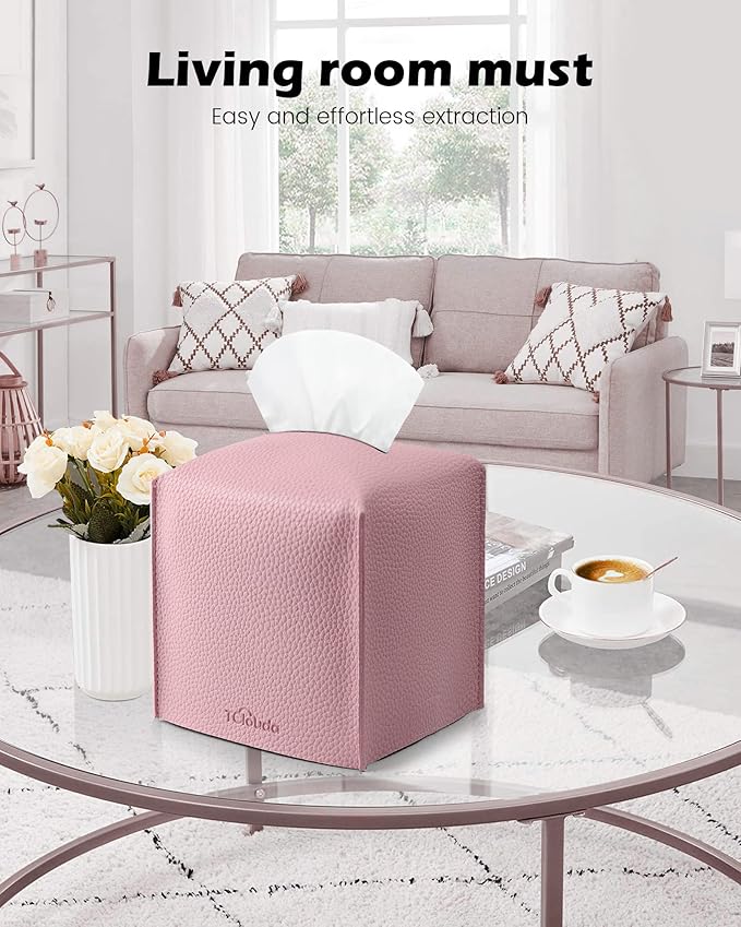 Tclouda Tissue Box Cover for PU Leather, Modern Simple Solid Color Holder Square Tissue Bag, Ideal for Bathrooms,Office,Car,Nightstand,Outdoor Tent,Dining Table,5"X5"X5", Double Pink
