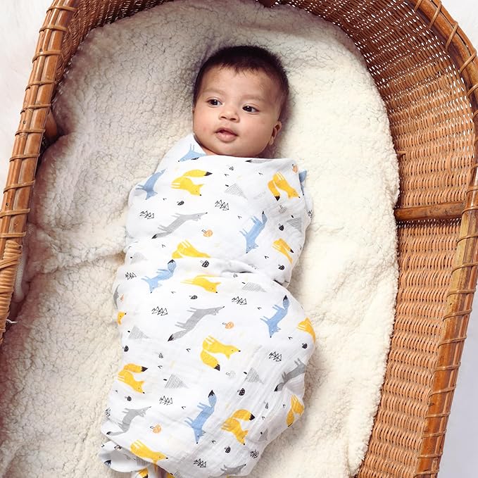 Featherhead™ 100% Cotton Muslin Swaddle Blankets for Baby Boy - Large 47”x 47” - Pre-Washed, Soft, & Breathable - Newborn Essential & Perfect Baby Registry Gift (2 Pack - Blue Foxes)