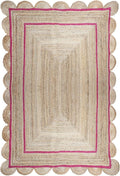 Scalloped Edge Rug, Hand Woven Natural Jute Area Rug, 9x15 Ft Beige & Pink Braided Sisal Kilim Rugs for Living Room, Kitchen, Entryway, Farmhouse