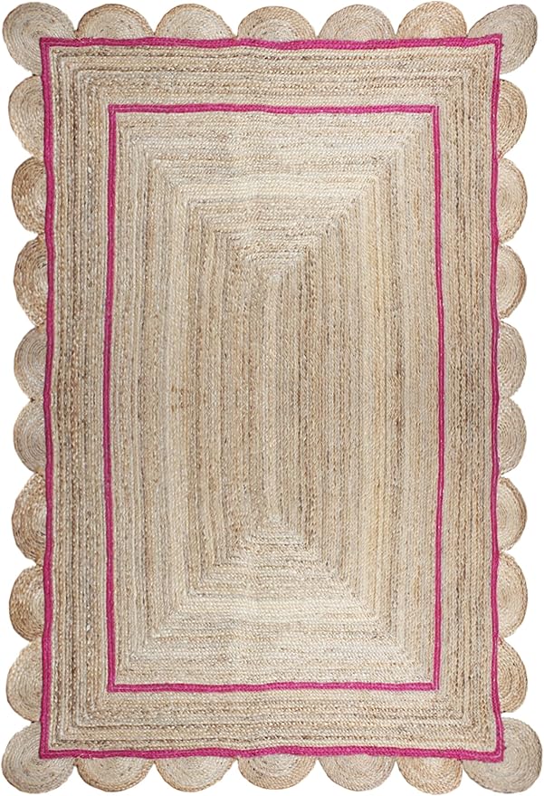 Scalloped Edge Rug, Hand Woven Natural Jute Area Rug, 9x15 Ft Beige & Pink Braided Sisal Kilim Rugs for Living Room, Kitchen, Entryway, Farmhouse