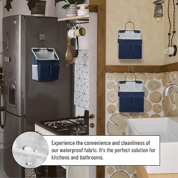 HZZTY BRNY 2pcs Wall Hanging Storage Bag, Small Door Closet Linen Fabric Pockets Organizer, Waterproof Multi Functional for Living Room Bedroom Bathroom Kitchen RV Camper with Hooks All Navy