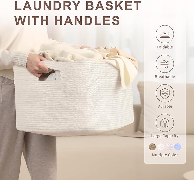 SunNewt 72L Large Baby Girls Laundry Basket for Nursery Storage,Cute Woven cotton Rope Baskets for Kids Toy，Gifts,Boho Square Wicker Blanket hamper for Living Room,Bedroom Dirty Clothes, White