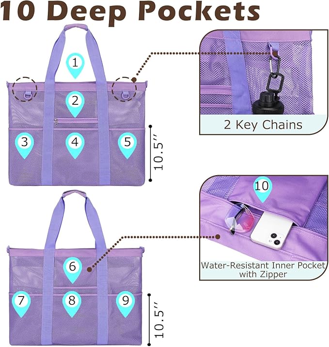 Fammart Mesh Beach Bag, Large Beach Tote Bags with Zipper, Toys Pool Bag for Family Travel Vacation Cruise Essentials