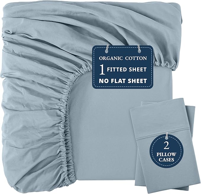 LANE LINEN 100% Organic Cotton Fitted Sheet Queen Size - 3 Pc Set (1 Fitted Sheet, 2 Pillowcases), Soft Percale Weave, Soft, Breathable, Fits Mattress Upto 15" Deep - French Blue (No Flat Sheet)