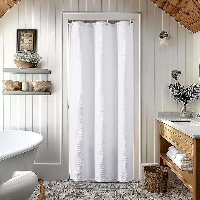 OVZME Stall Fabric Shower Curtain Set - 36x72, Waffle Weave 230GSM Heavy Duty Small White Shower Curtains for Narrow Stall Size, Machine Washable Bath Curtain with 12 Plastic Hooks, 36x72 Inch