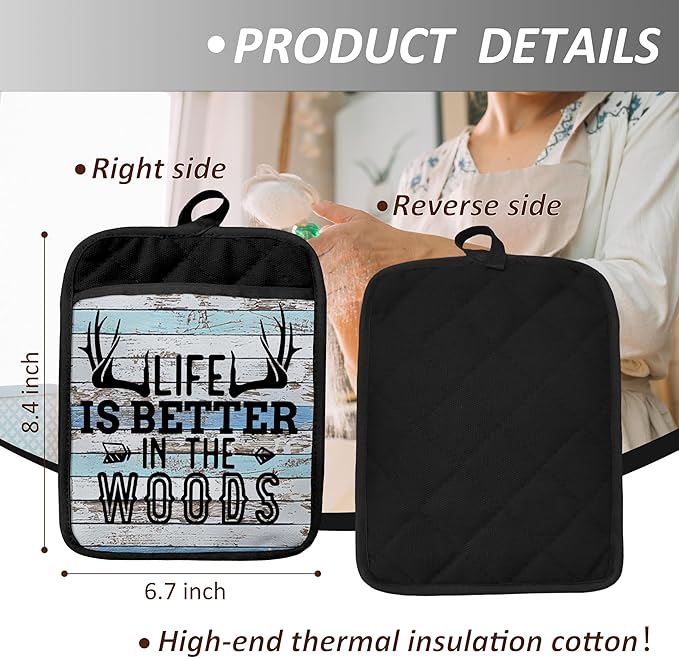 Hunting Cabin Gifts Pot Holders with Pockets, Life is Better in The Woods Moose Pot Holders Heat Resistant Oven Mitts Hot Pads for Kitchen Baking Cooking,Potholders for Kitchens