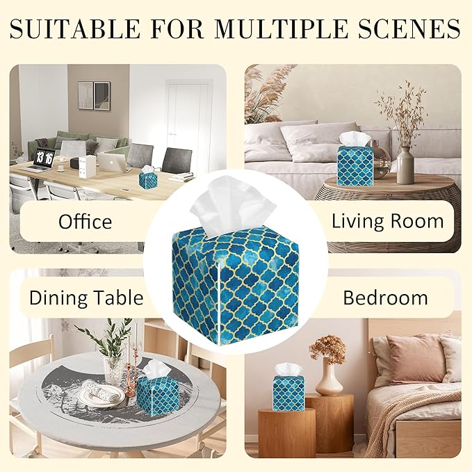 POIUBLE Tissue Box Holder Blue Moroccan Tile Tissue Box Cover Square Leather Tissue Holder Organizer Portable Decorative Facial Paper Case for Home Office Bathroom Vanity Countertop