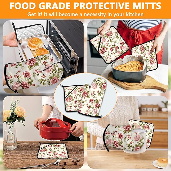 Red Rose Oven Mitts and Pot Holders Sets 4Pcs,Extra Long Oven Gloves Potholder for Kitchen Cooking Baking BBQ 100% Cotton Heat Resistant