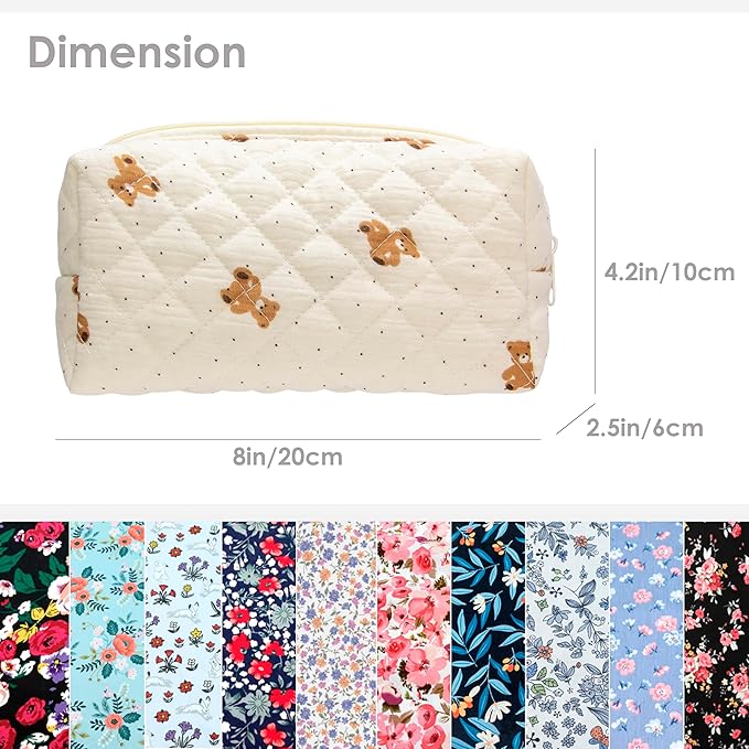 PAZIMIIK 6PCS Vintage Quilted Makeup Bag SET Cosmetic Pouch for Brushes Pencils and Travel Make Up Accessories for Women and Girls Bear Beige